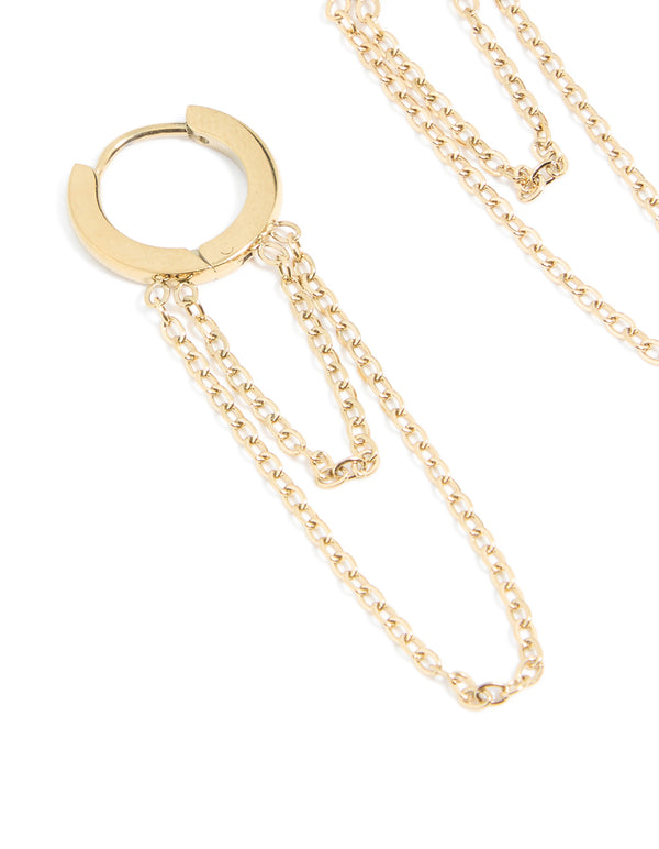 Featuring waterproof gold plated stainless steel layered chain huggie earrings in 10 MM close up view