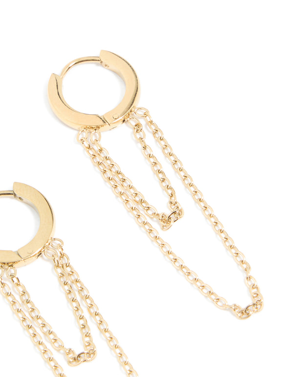 Presenting waterproof gold plated stainless steel layered chain huggie earrings in 10 MM post detail view