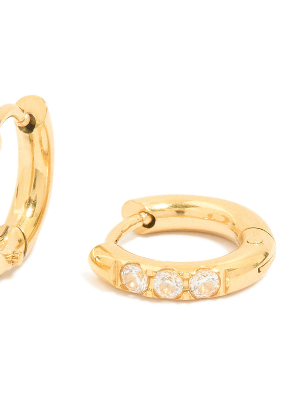 Waterproof gold plated stainless steel huggie earrings with cubic zirconia post detail view