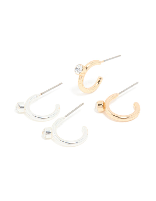 Mixed Metal Smooth Diamante Hoop Earrings 2-Pack