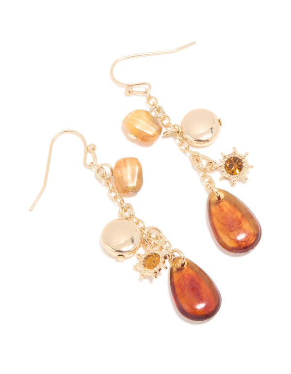 Gold Brown Diamante & Beaded Chain Sun Drop Earrings