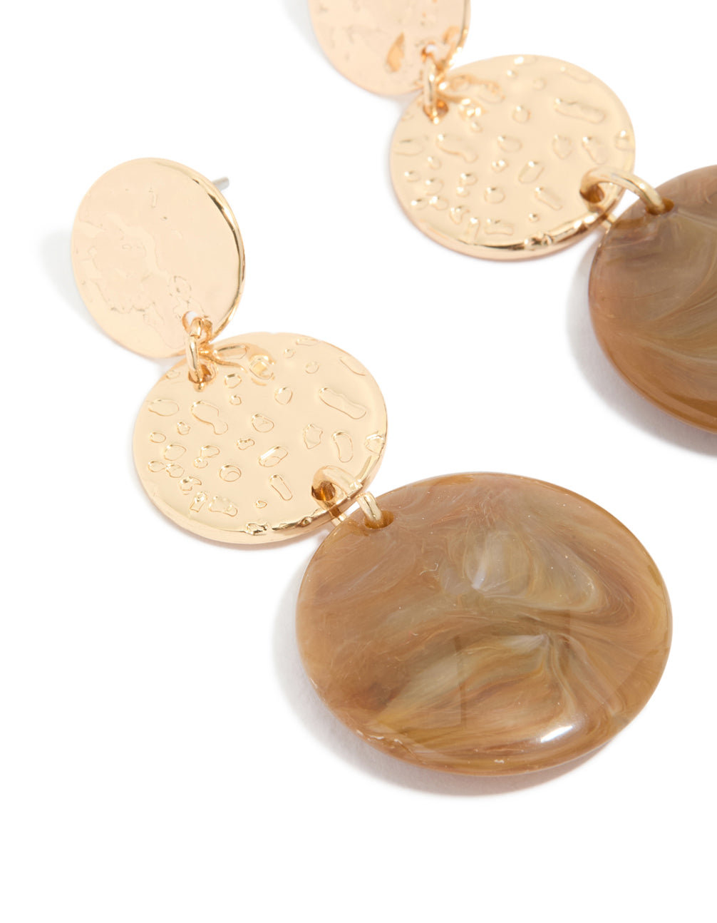 Gold Molten & Brown Stone Round Drop Earrings