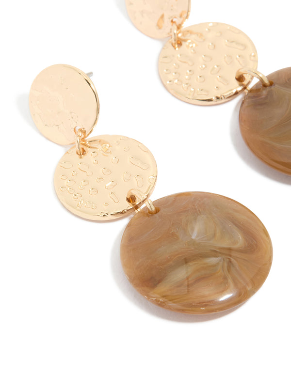 Gold Molten & Brown Stone Round Drop Earrings