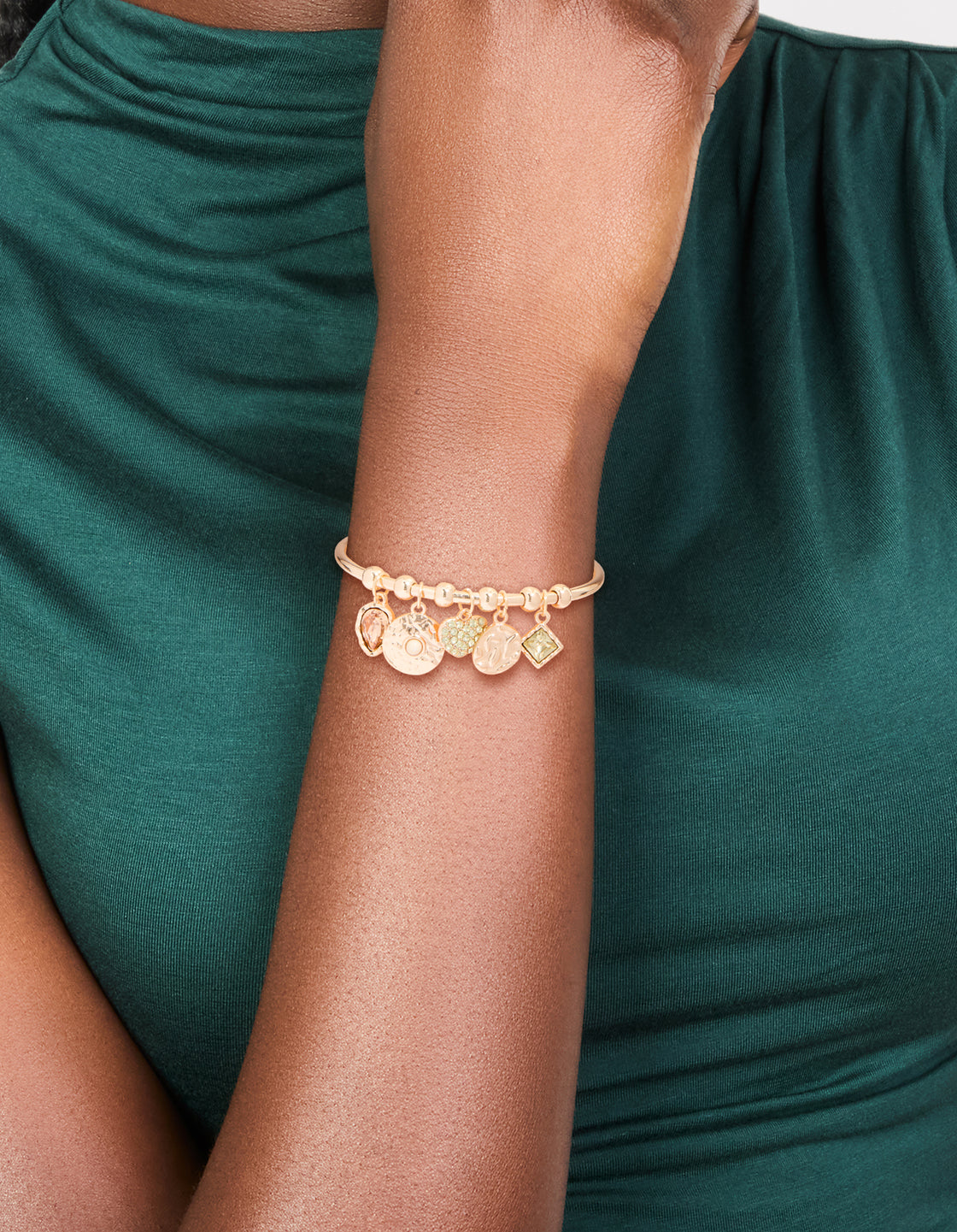 Gold Green Diamante Heart & Disc Charm Bangle