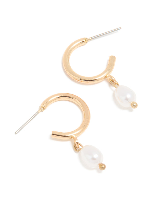 Gold Pearl Drop Huggie Earrings