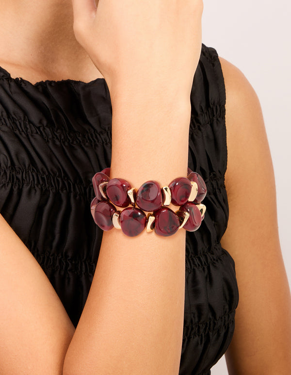 Red Acrylic & Gold Beaded Stretch Bracelets 2-Pack
