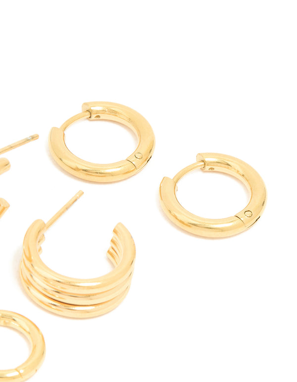 Waterproof Gold Plated Stainless Steel Thin Textured Earrings 3-Pack