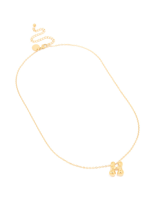 Crafted from waterproof gold plated stainless steel bubble letter H initial pendant necklace with ball accents front view