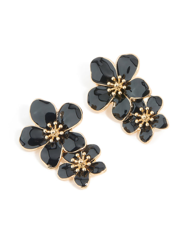 Gold Black Enamel Double Flower Drop Earrings