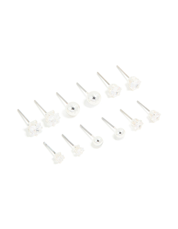 Silver Plated Cubic Zirconia & Ball Stud Earrings 6-Pack