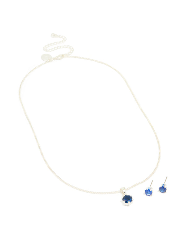 Silver Plated Blue Cubic Zirconia Necklace & Earrings Set
