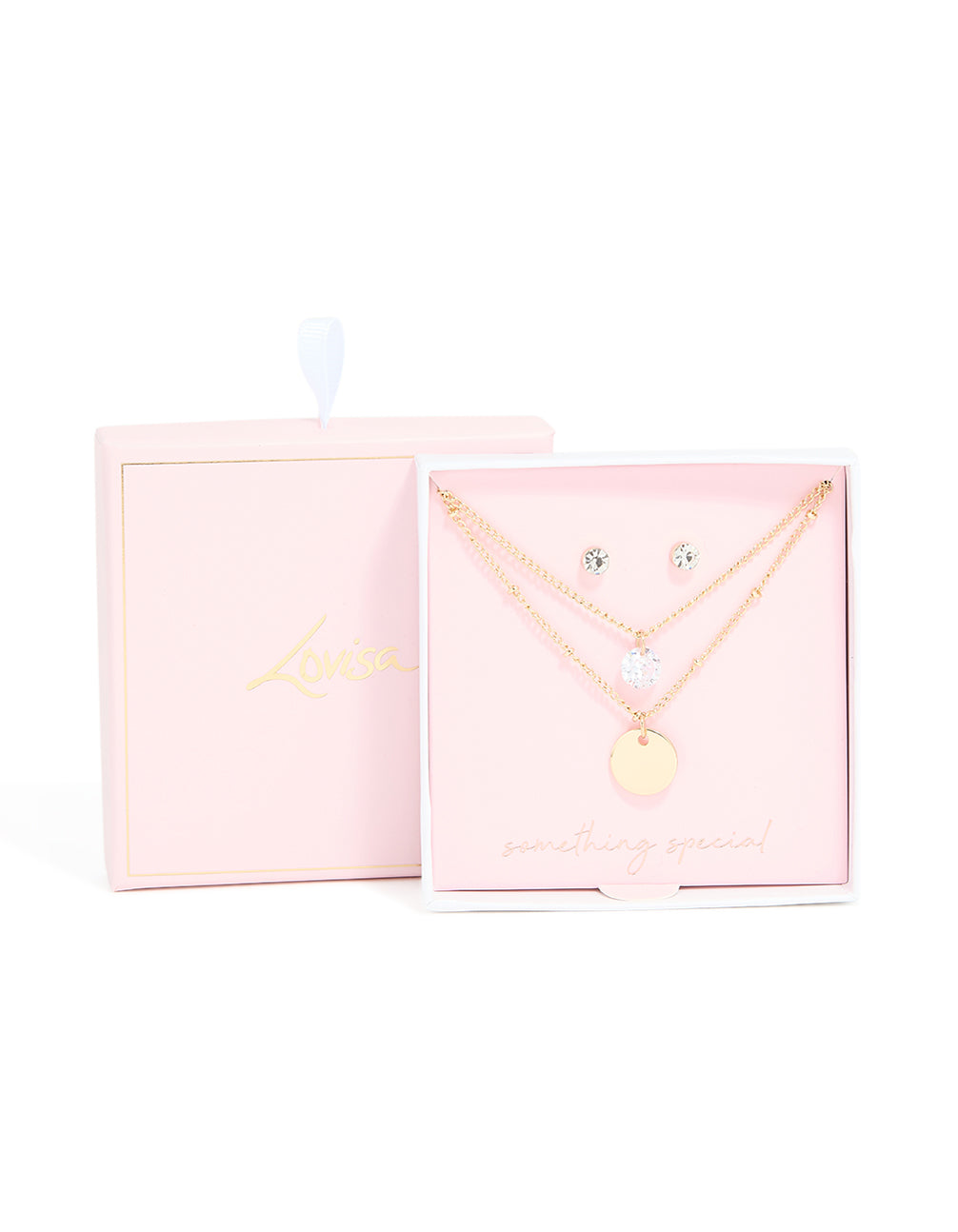 Gold Diamante Layered Necklace & Stud Earrings Set