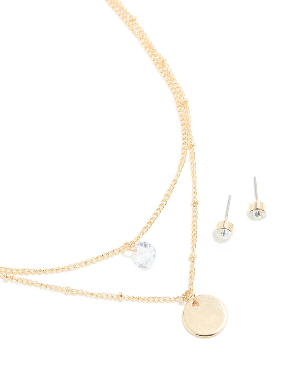 Gold Diamante Layered Necklace & Stud Earrings Set