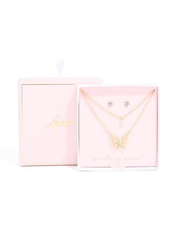Gold Butterfly Layered Necklace & Stud Earrings Set