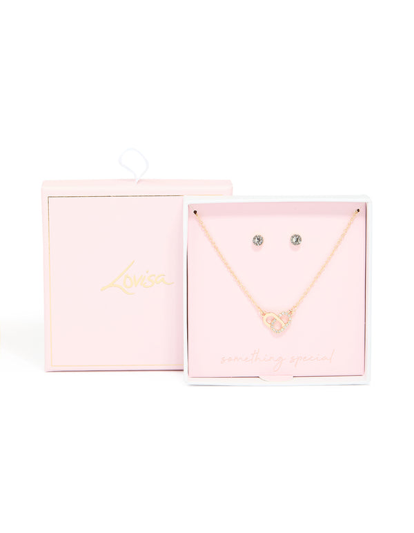 Gold Overlap Pendant Necklace & Classic Diamante Stud Earrings Set