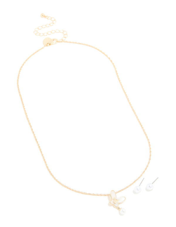 Gold Pearl Butterfly Pendant Necklace & Pearl Stud Earrings Set
