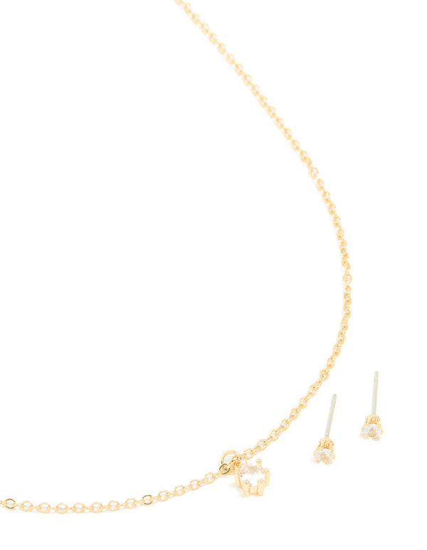 Gold Plated Cubic Zirconia Mini Pendant Necklace & Stud Earrings Set