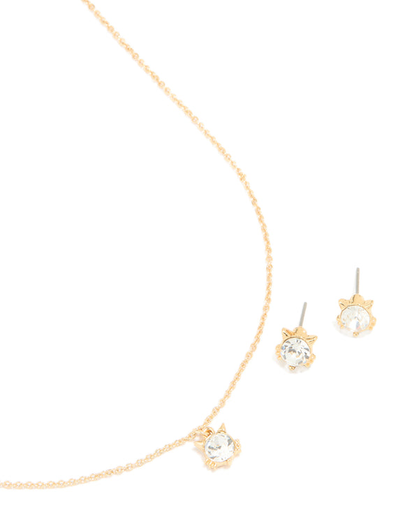 Gold Plated Diamante Cat Ears Necklace & Cat Ear Stud Earrings Set