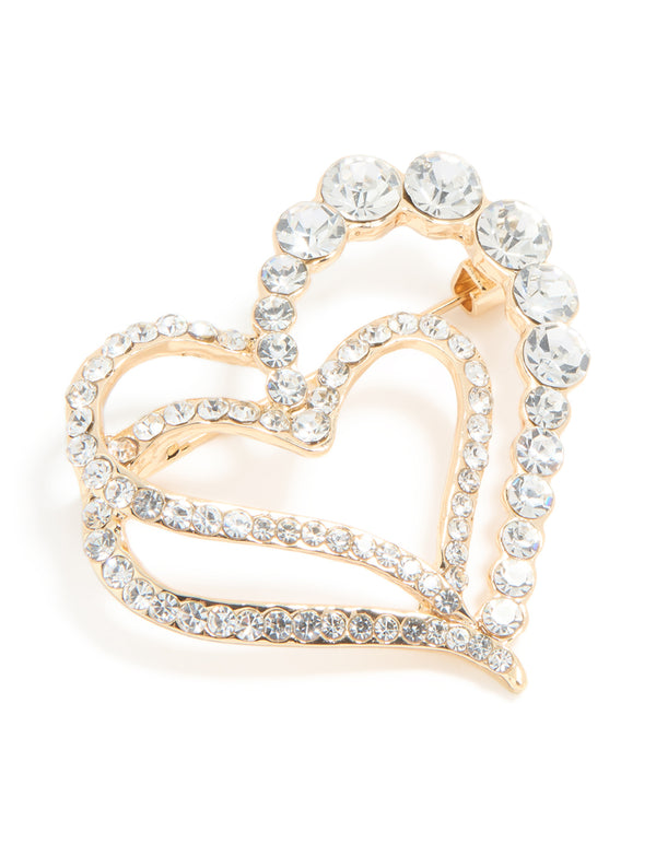 Gold Diamante Double Heart Brooch