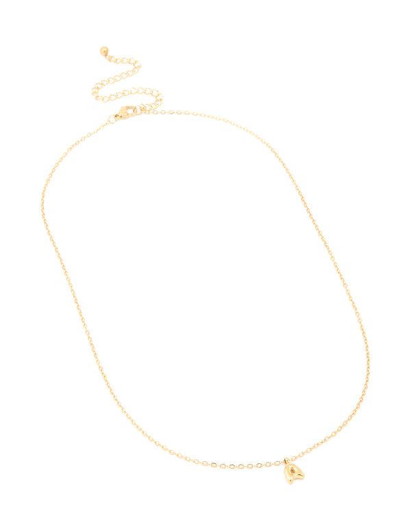 Behold this waterproof mini bubble letter A initial pendant necklace in gold plated stainless steel front view