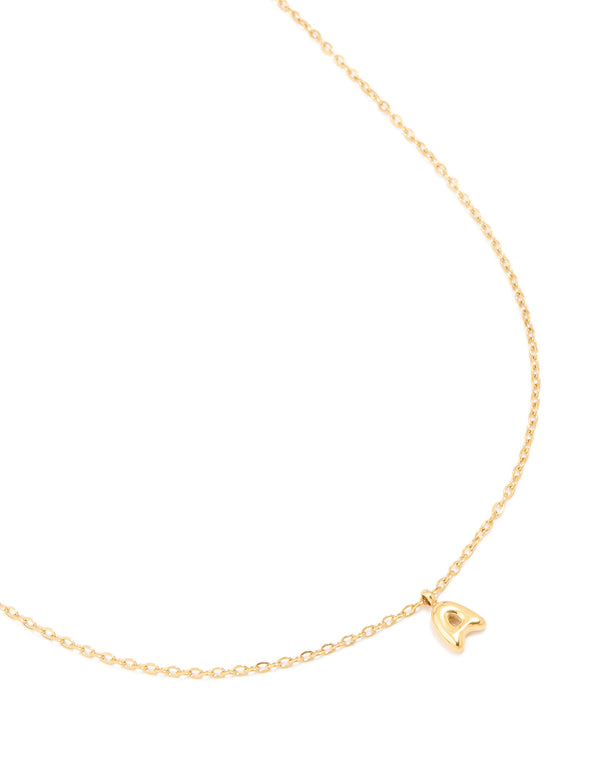 Discover this waterproof mini bubble letter A necklace featuring initial pendant crafted from gold plated stainless steel close up view