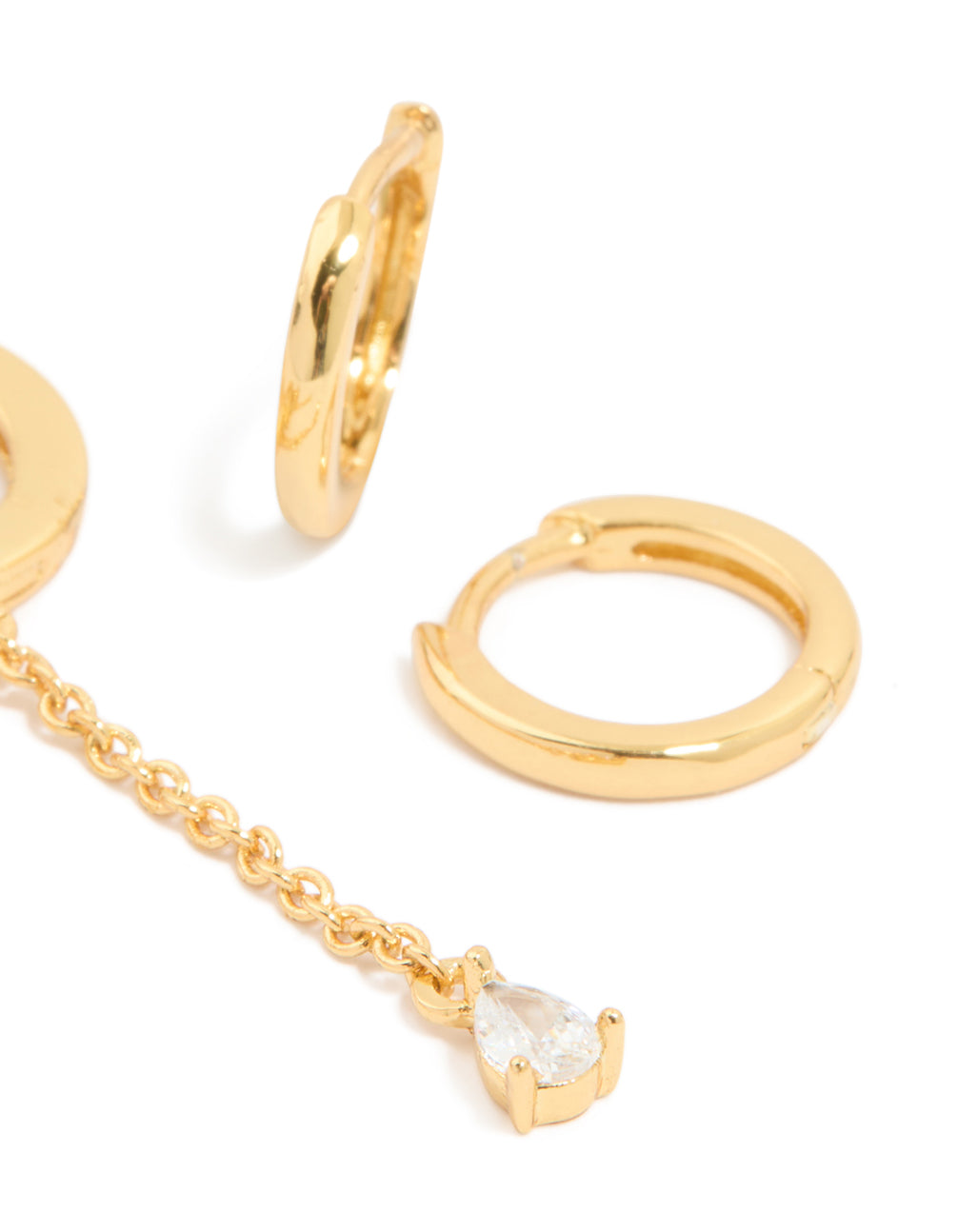Gold Plated Brass Cubic Zirconia Chain & Smooth Huggie Earrings 2-Pack