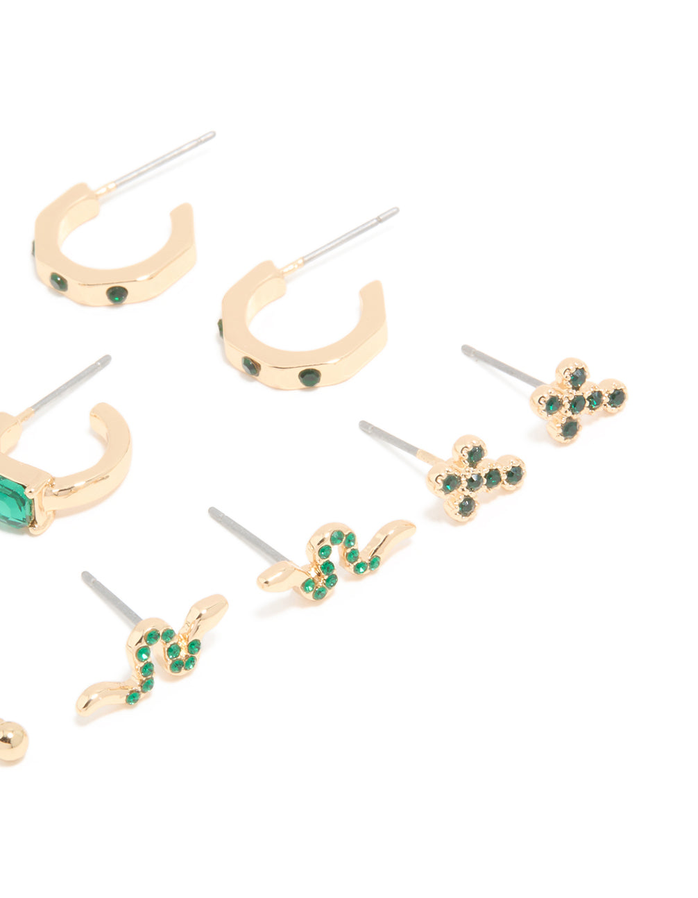Gold Green Diamante Cross & Snake Earrings 6-Pack