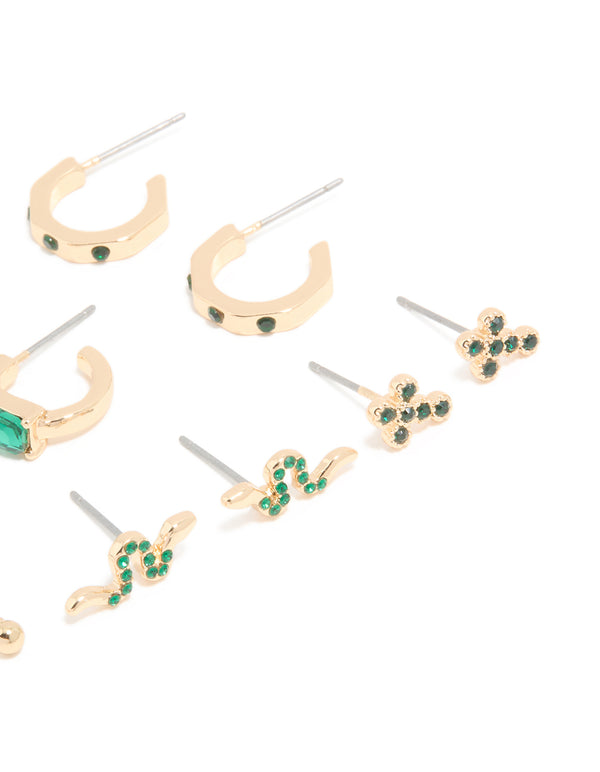 Gold Green Diamante Cross & Snake Earrings 6-Pack