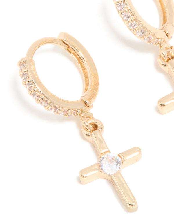 Gold Cubic Zirconia Cross Drop Huggie Earrings