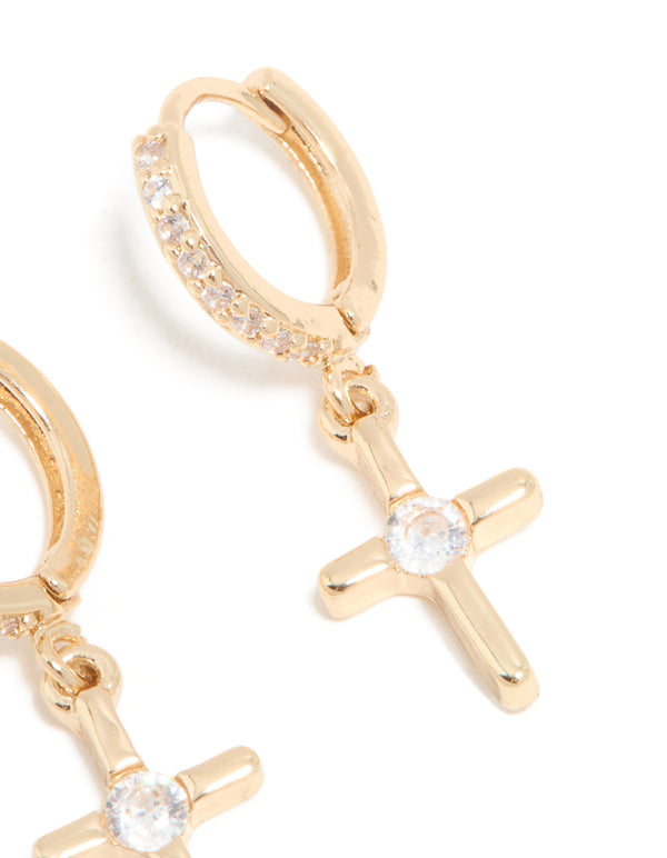 Gold Cubic Zirconia Cross Drop Huggie Earrings