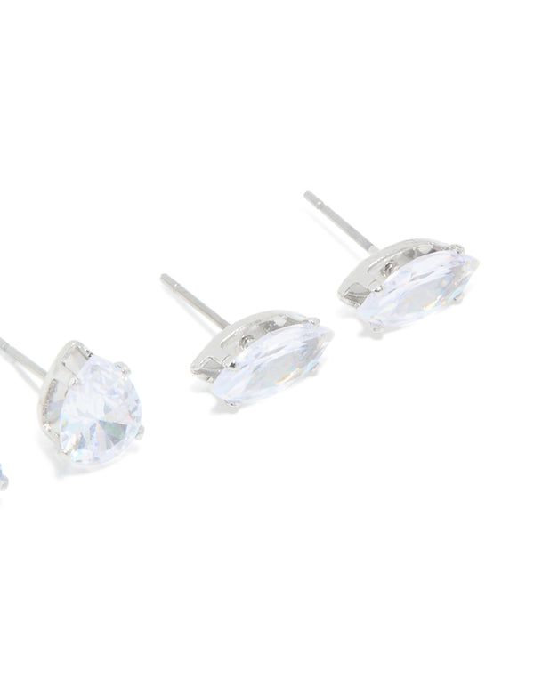 Silver Cubic Zirconia Marquise Mixed Shape Stud Earrings 3-Pack