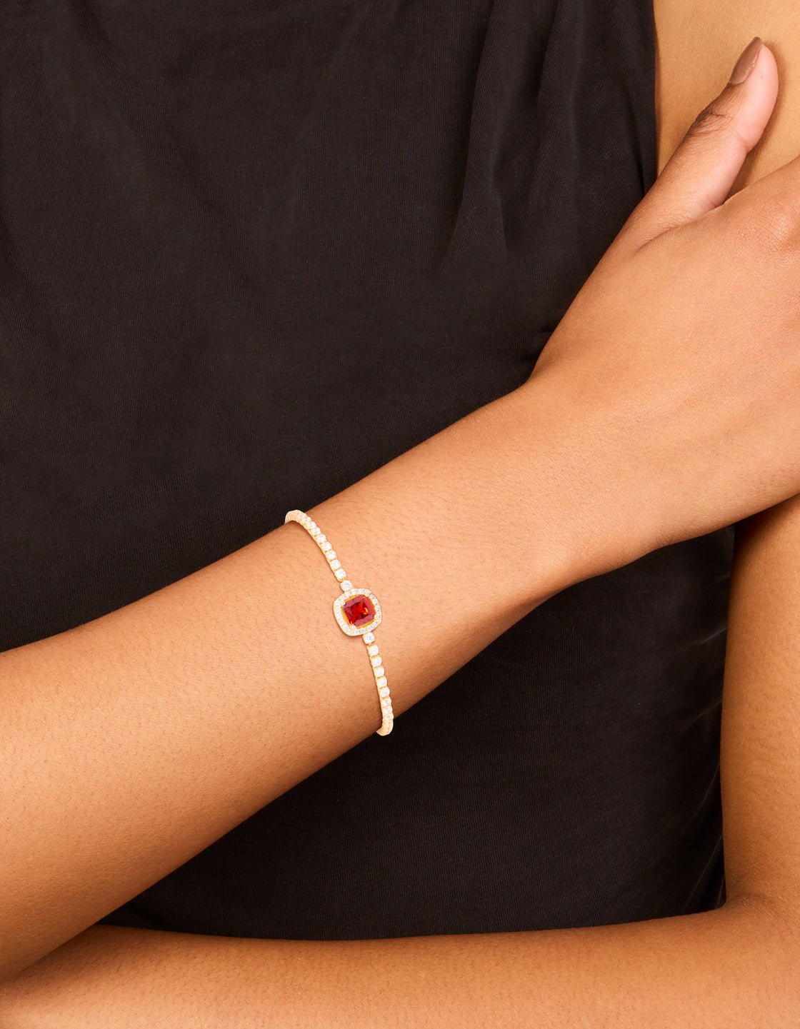 Gold Red Cubic Zirconia Square Halo Toggle Bracelet
