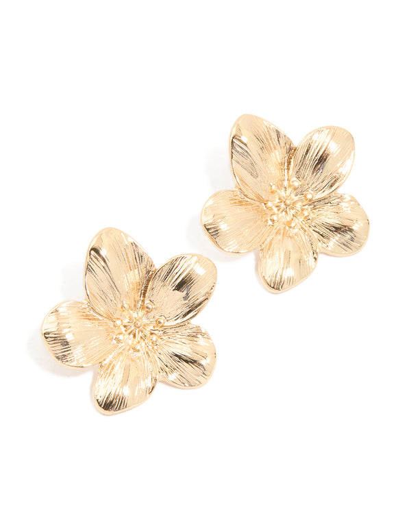 Gold Textured Flower Stud Earrings