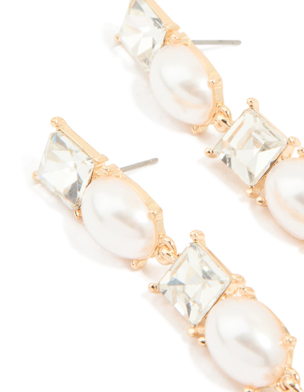 Gold Pearl & Diamante Mixed Drop Earrings
