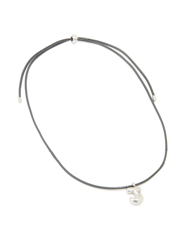 Designed with waterproof stainless steel large bubble letter J grey cord dainty style necklace featuring initial pendant in silver front view