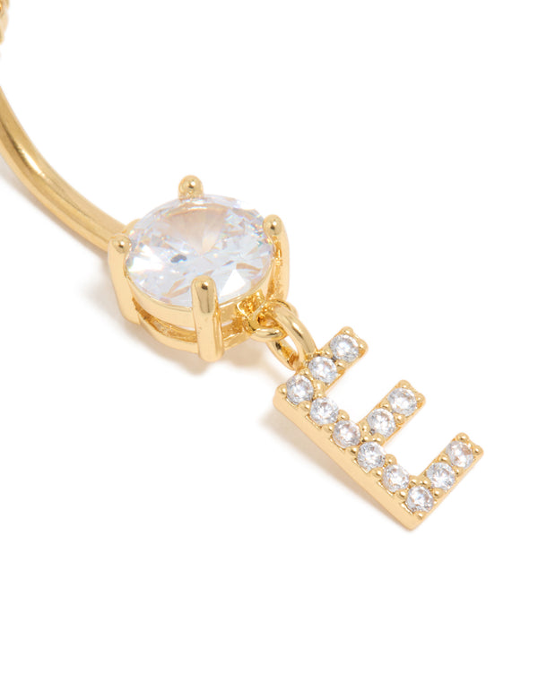 Gold Plated Surgical Steel Cubic Zirconia Pavé Letter E Belly Bar