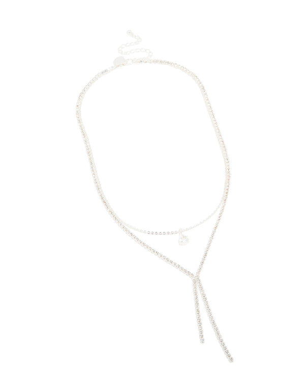 Silver Plated Cubic Zirconia Teardrop & Cup Chain Layered Necklace