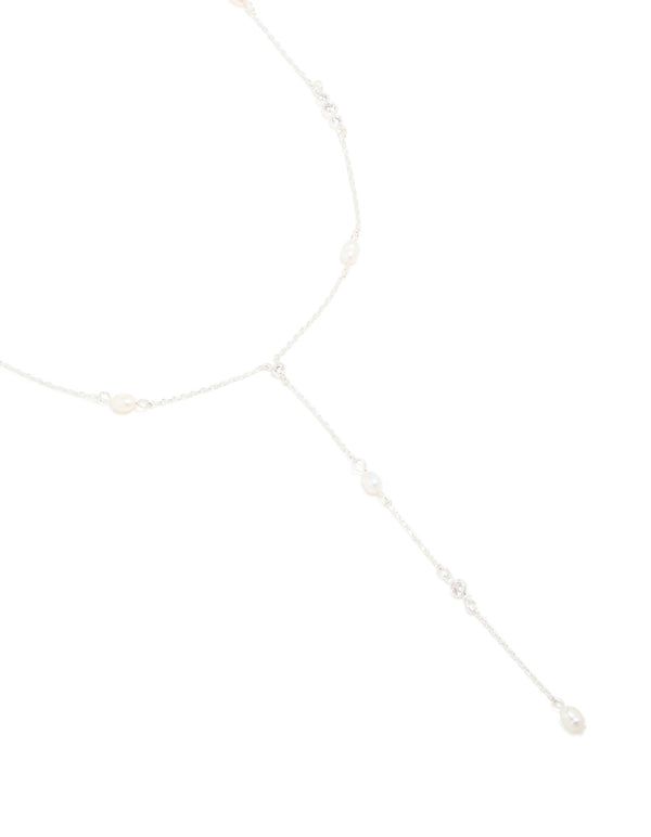 Silver Plated Cubic Zirconia & Freshwater Pearl Dainty Y-Necklace