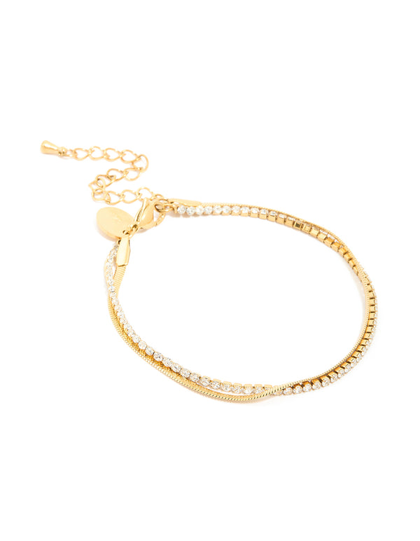 Crafted from waterproof gold plated stainless steel, this diamante and snake chain layered bracelet front view