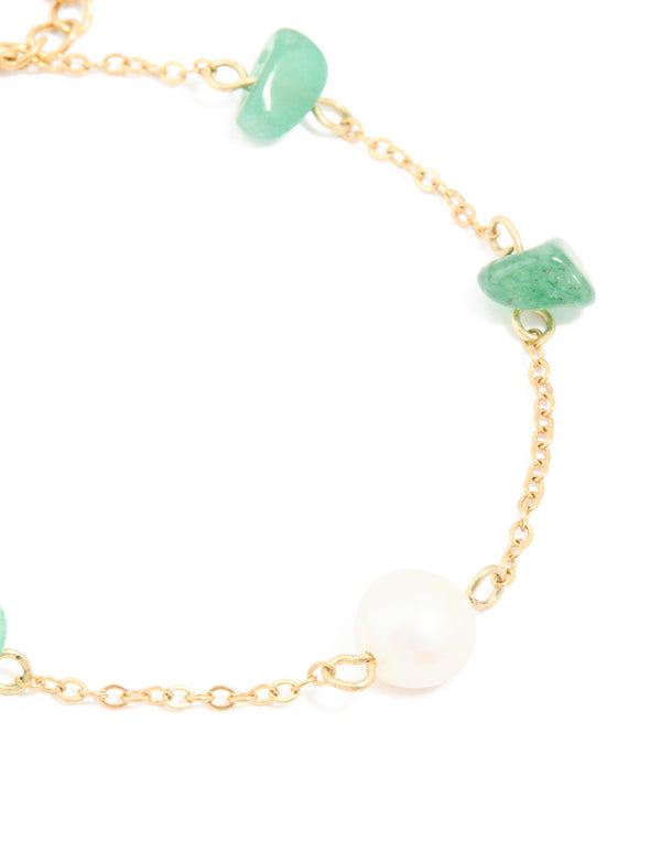 Waterproof Gold-Plated Stainless Steel Pearl & Green Semi Precious Stone Chip Bracelet