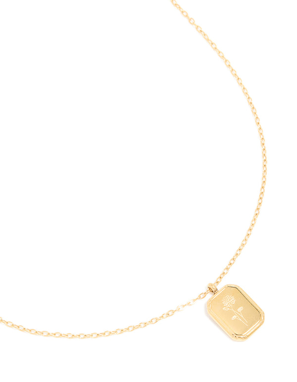 Featuring a waterproof birth flower July larkspur necklace in gold plated stainless steel with floral detail close up view
