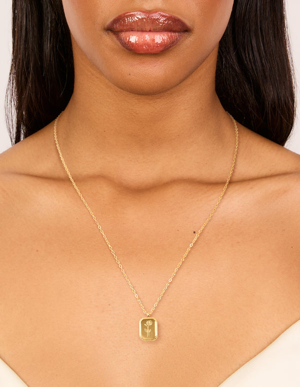 Elegant waterproof birth flower June rose necklace crafted from gold plated stainless steel on neck view