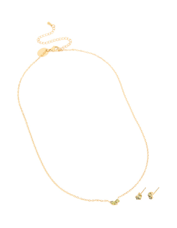 Waterproof Gold Plated Stainless Steel August Light Green Cubic Zirconia Birthstone Necklace & Earrings Set