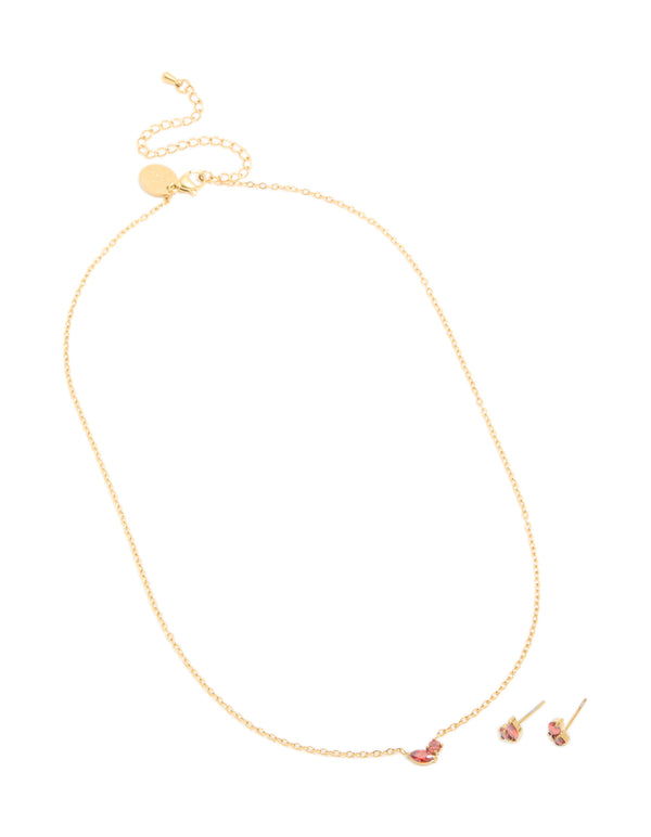 Waterproof Gold Plated Stainless Steel July Red Cubic Zirconia Birthstone Necklace & Earrings Set