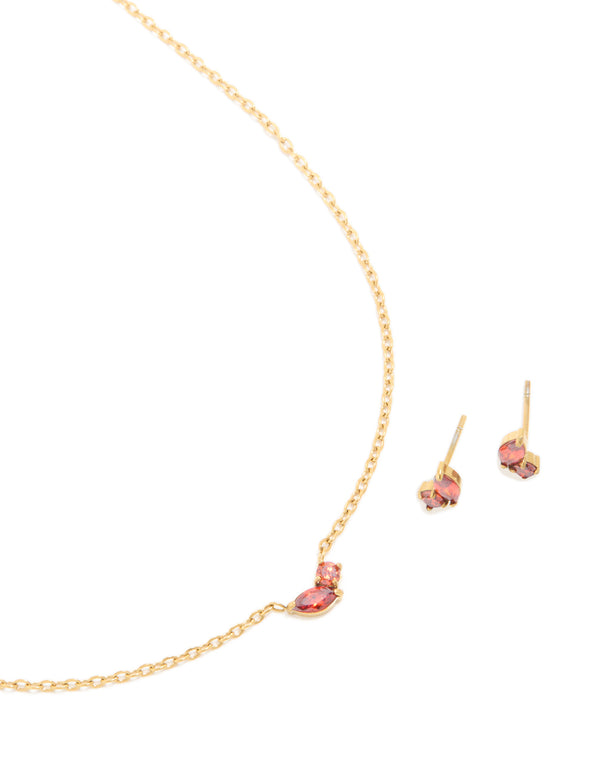 Waterproof Gold Plated Stainless Steel July Red Cubic Zirconia Birthstone Necklace & Earrings Set