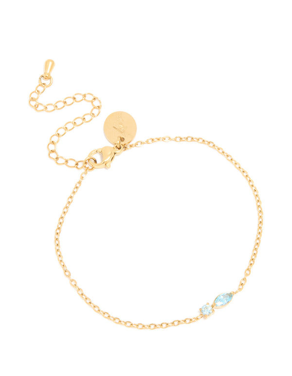 Waterproof Gold Plated Stainless Steel March Light Blue Cubic Zirconia Birthstone Bracelet