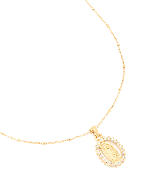 Crafted from waterproof gold plated stainless steel, this clear diamante Mary pendant necklace details close up view
