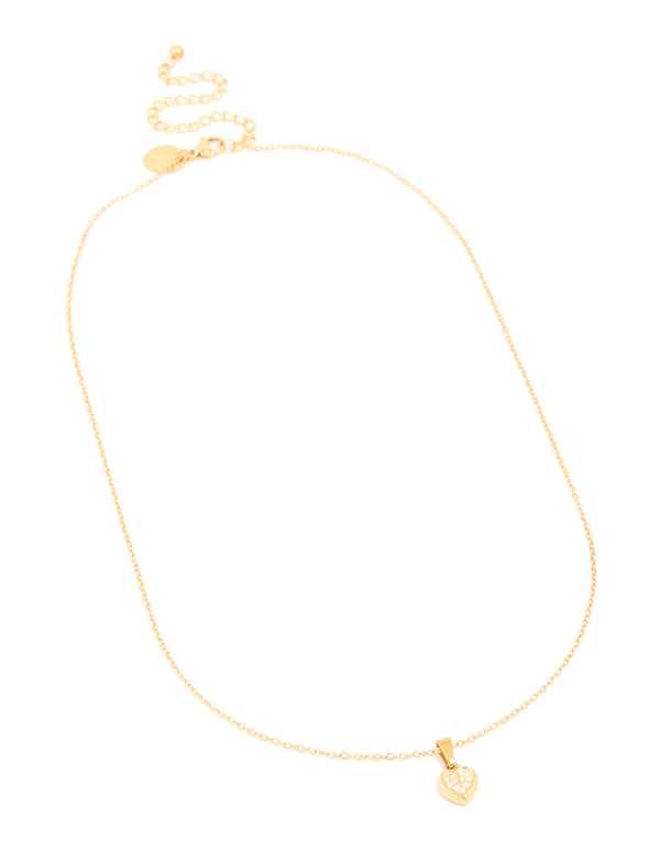 Featuring waterproof stainless steel diamante mini pavé heart pendant in gold plated finish front view