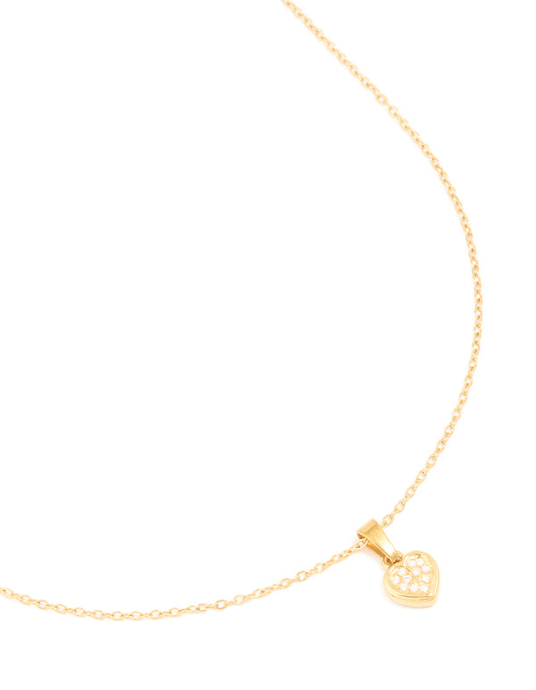 Featuring waterproof stainless steel diamante mini pavé heart pendant in gold plated finish front view