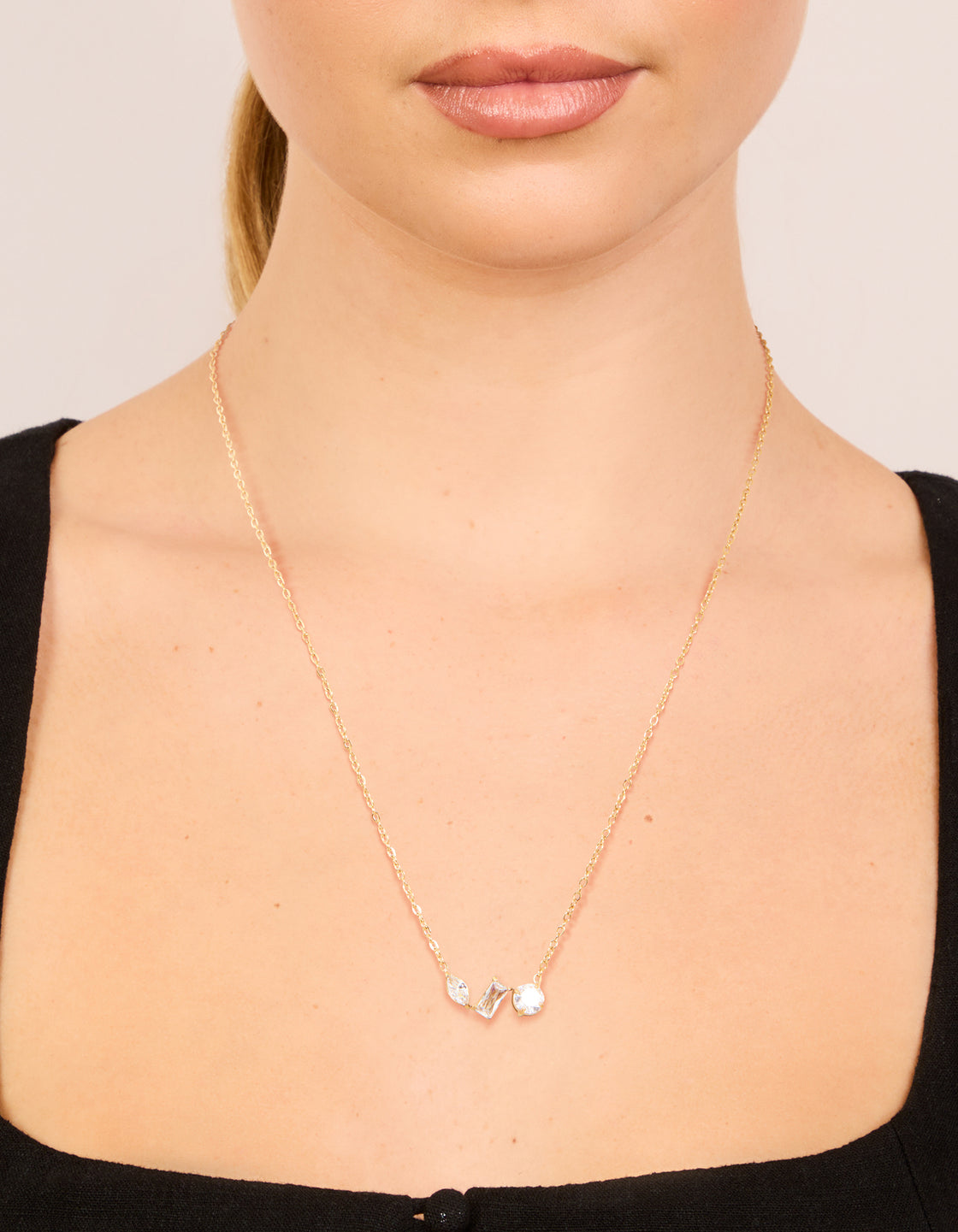 Waterproof Gold Plated Stainless Steel Mixed Shape Cubic Zirconia Trio Necklace
